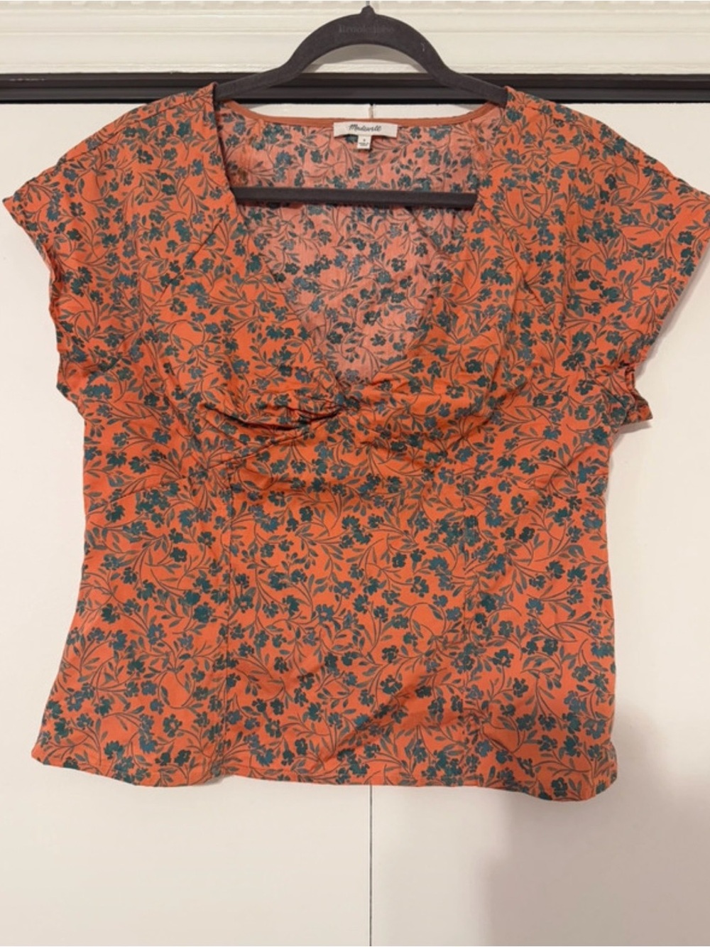 Madewell Burnt Orange Floral Scoop-Neck Cap Sleeve Cotton Blouse